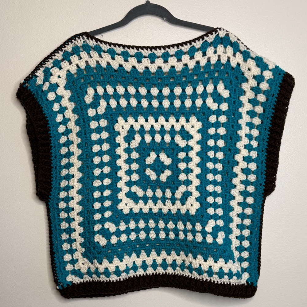 Crochet Granny Square Pullover Vest Turquoise, Cream and Brown New Handmade
